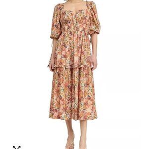 En Saison Peach-Pink Floral Midi Dress with Puff Sleeves